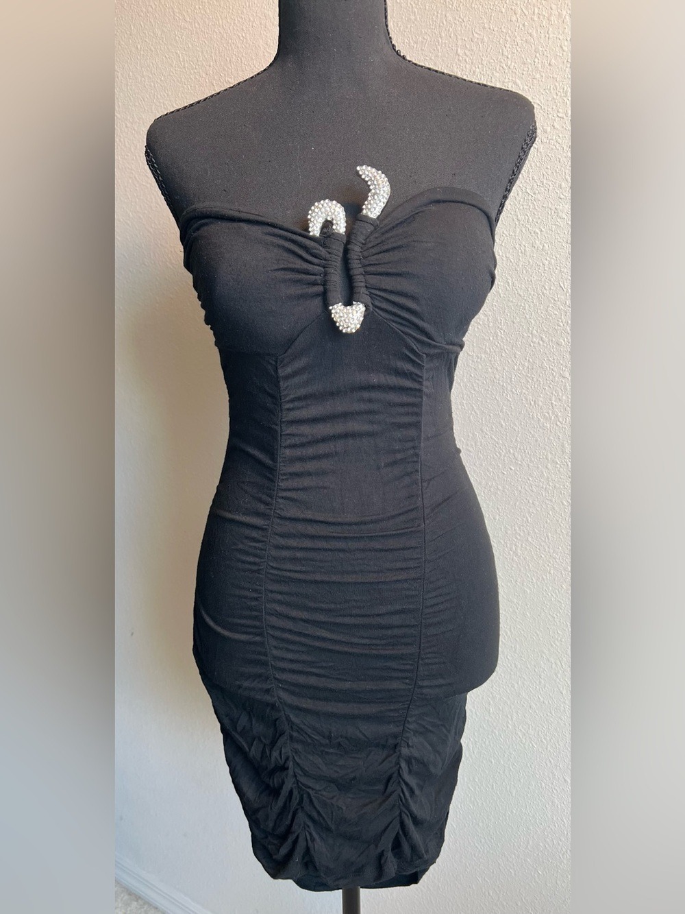 Derek Heart Couture Strapless BodyCon Black Ruched Dress with Diamond Accent